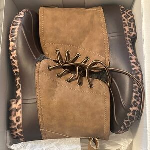 Leopard Trim Brown and Tan Winter Boots